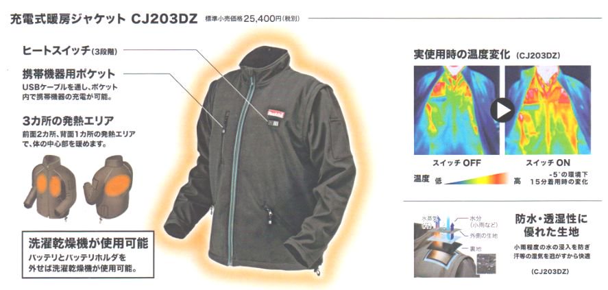 マキタ 充電式暖房ジャケットCJ203DZ(M/L/XL 本体のみ) - マキタ