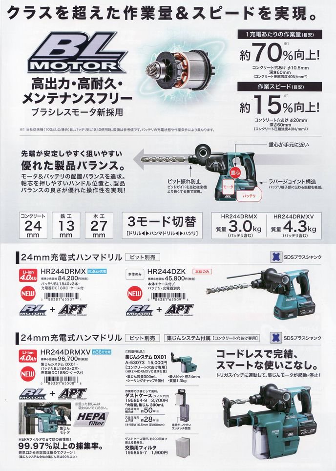 マキタ 18V 24mm充電式ハンマドリルHR244DRGX(6.0Ah) - マキタインパクトドライバ、充電器、バッテリ、クリーナーは　 マキタショップカメカメ
