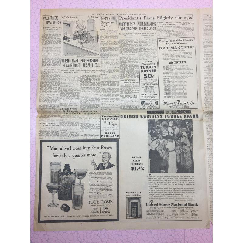 ヴィンテージ英字新聞・1936年・Morning Oregonian・11月25日版 - ファイヤーキング 卸 仕入れ 小売 通販サイト - Fire  King AG