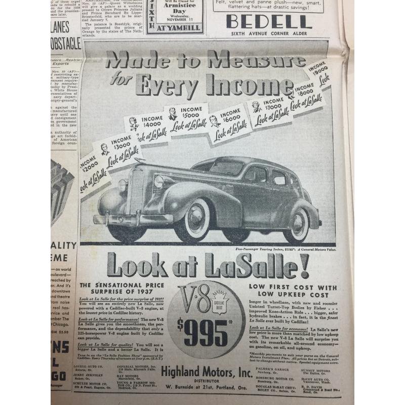 ヴィンテージ英字新聞・1936年・Morning Oregonian・ゼネラルモーターズアド有・11月11日版 - ファイヤーキング 卸 仕入れ 小売  通販サイト - Fire King AG
