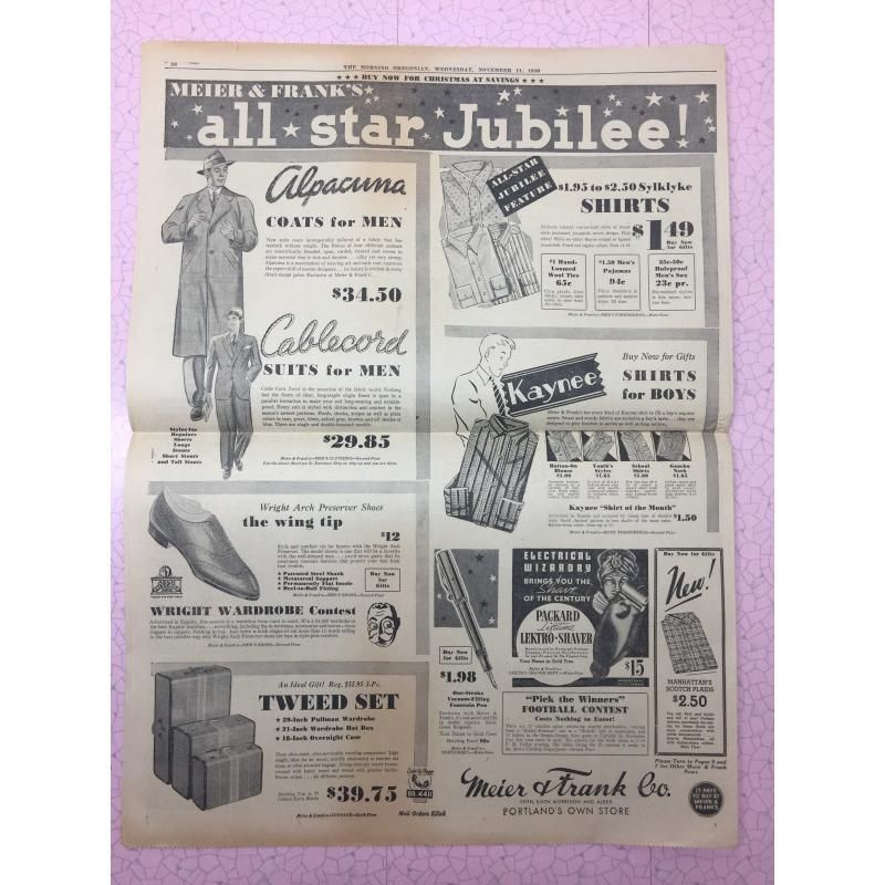 ヴィンテージ英字新聞・1936年・Morning Oregonian・ゼネラルモーターズアド有・11月11日版 - ファイヤーキング 卸 仕入れ 小売  通販サイト - Fire King AG