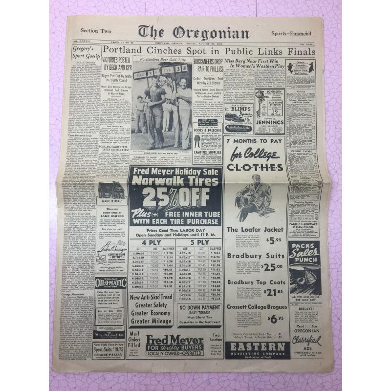 ヴィンテージ英字新聞・1938年・Oregonian・8月26日版 - ファイヤーキング 卸 仕入れ 小売 通販サイト - Fire King AG