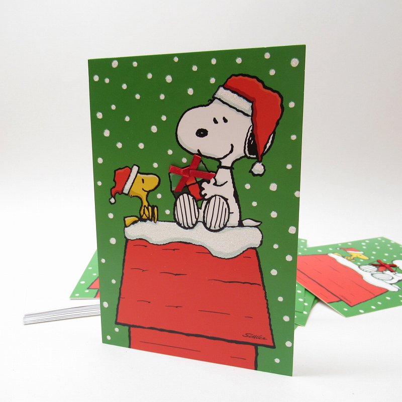 スヌーピー クリスマスカード 雪と犬小屋とウッドストック 封筒付き