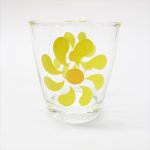 もともと何かの容器だったグラス  ヘーゼルアトラス 1/2パイント サワークリームグラス ピンウィール 黄色Xオレンジ